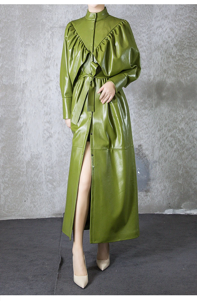 Green Black Maxi Soft Faux Leather Trench Coat for Women Luxury Retro Trench Coat