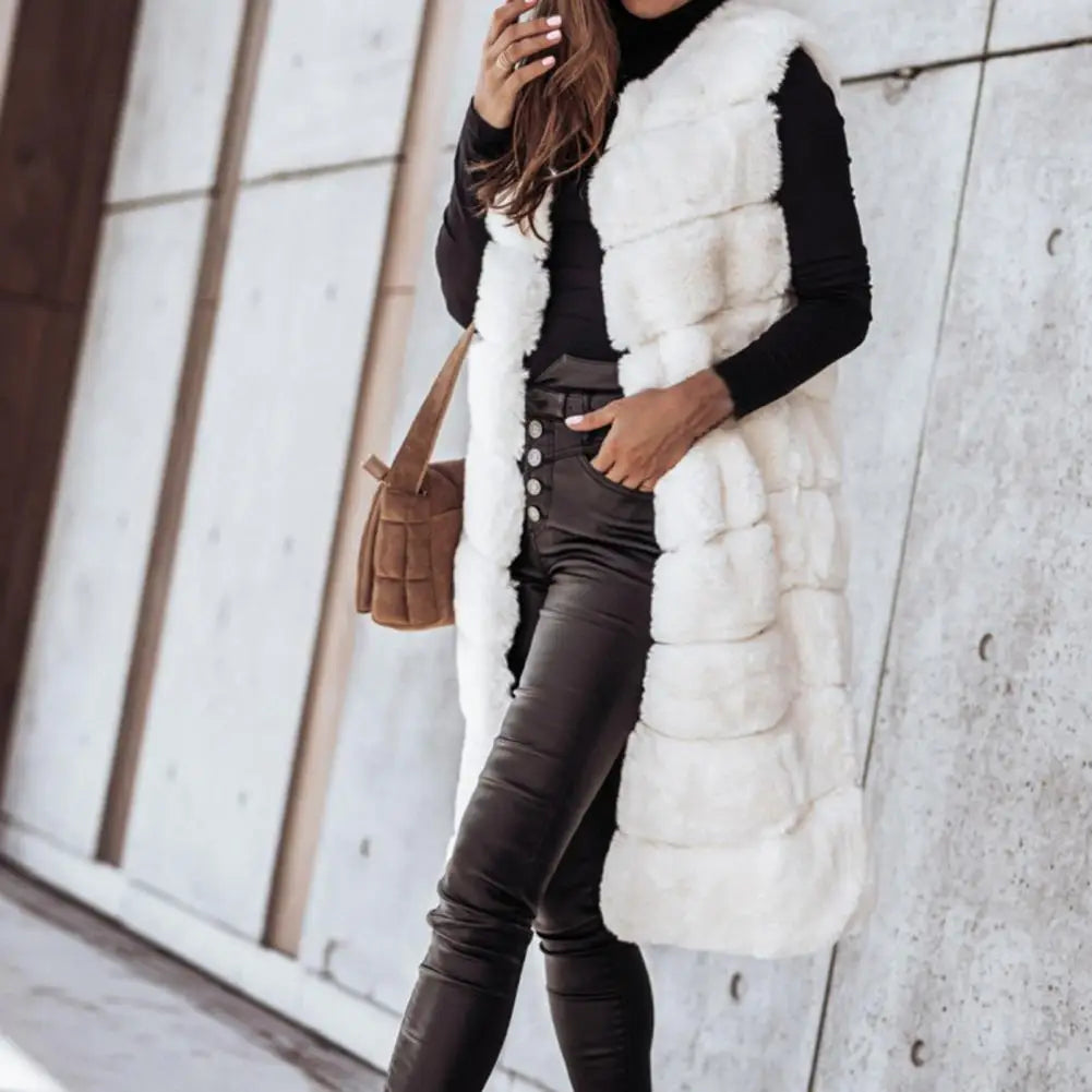 Faux Fur Sleeveless Coat Solid Round Neck Thick Outerwear Jacket