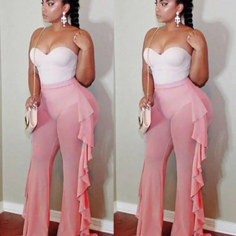 Women Beach Mesh Ruffle Sheer Wide Leg Pants Trousers Bikini Cover Up