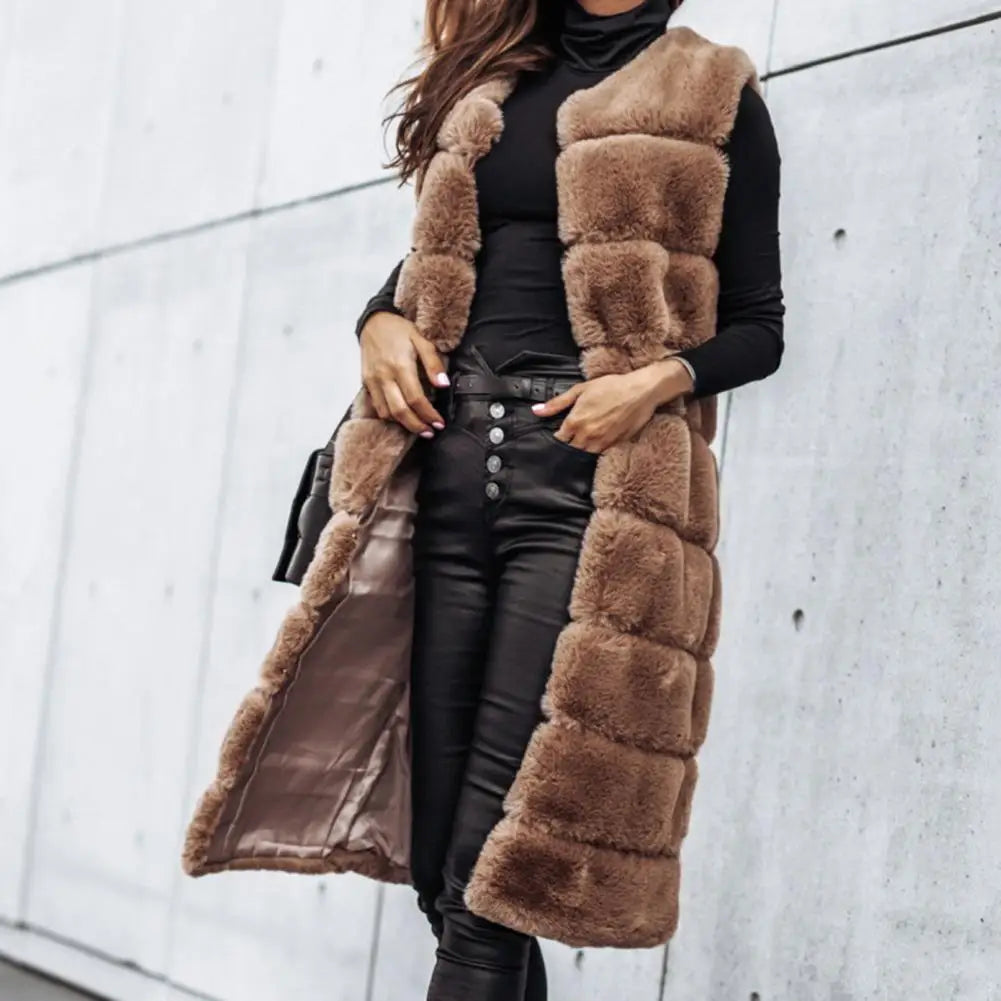 Faux Fur Sleeveless Coat Solid Round Neck Thick Outerwear Jacket