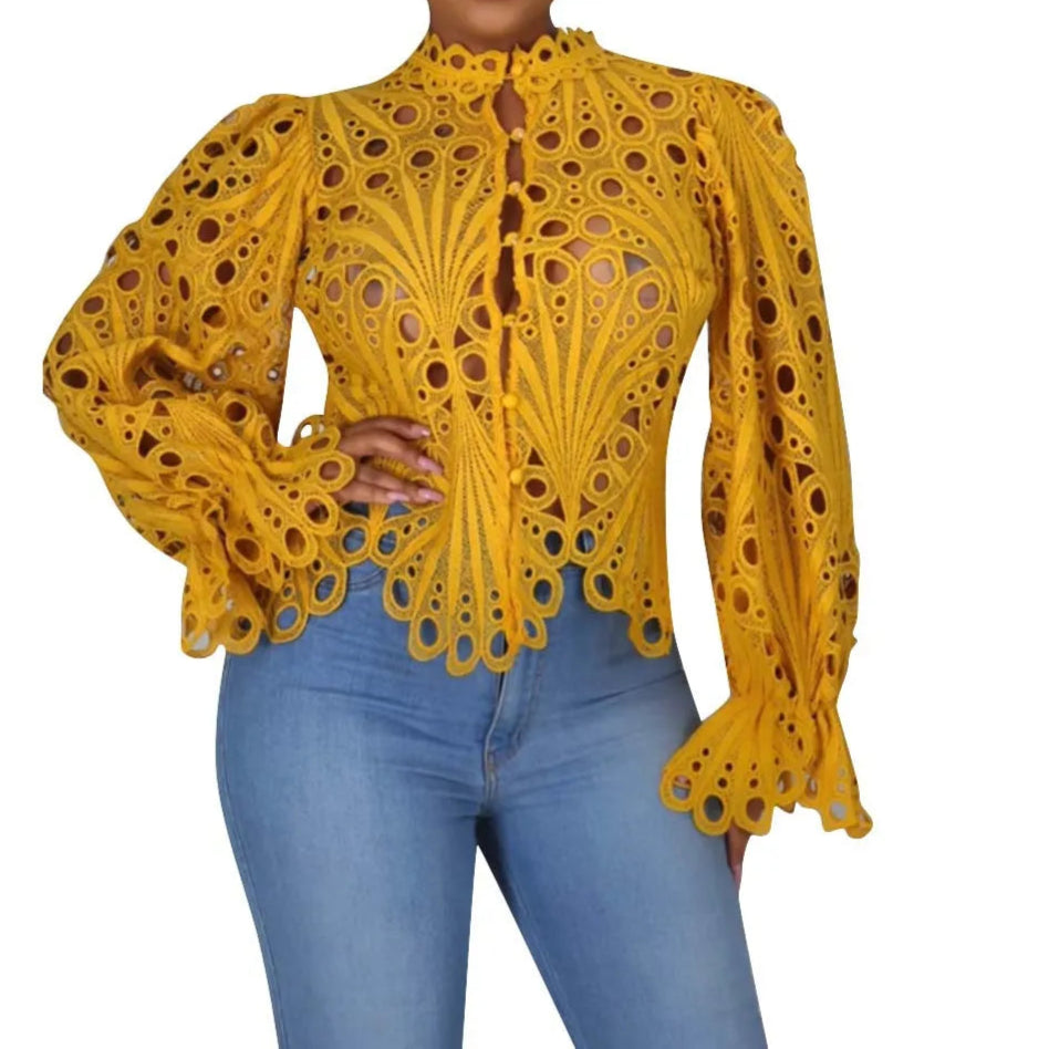 Summer Shirts For Women Elegant Short Sleeve Hollow Out Lace Sheer See Through Top Blouse