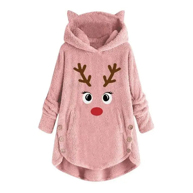 Women Printed Cat Ears Hooded Large Size Long Sleeve Button Sweater Warm Pullover Christmas Sweaters