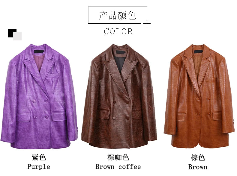 Oversized Shiny Purple Crocodile Pattern Faux Leather Blazer for Women Y2k