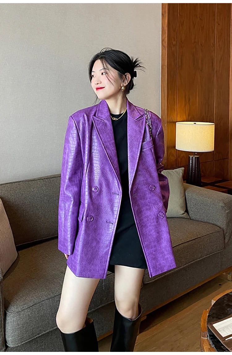 Oversized Shiny Purple Crocodile Pattern Faux Leather Blazer for Women Y2k