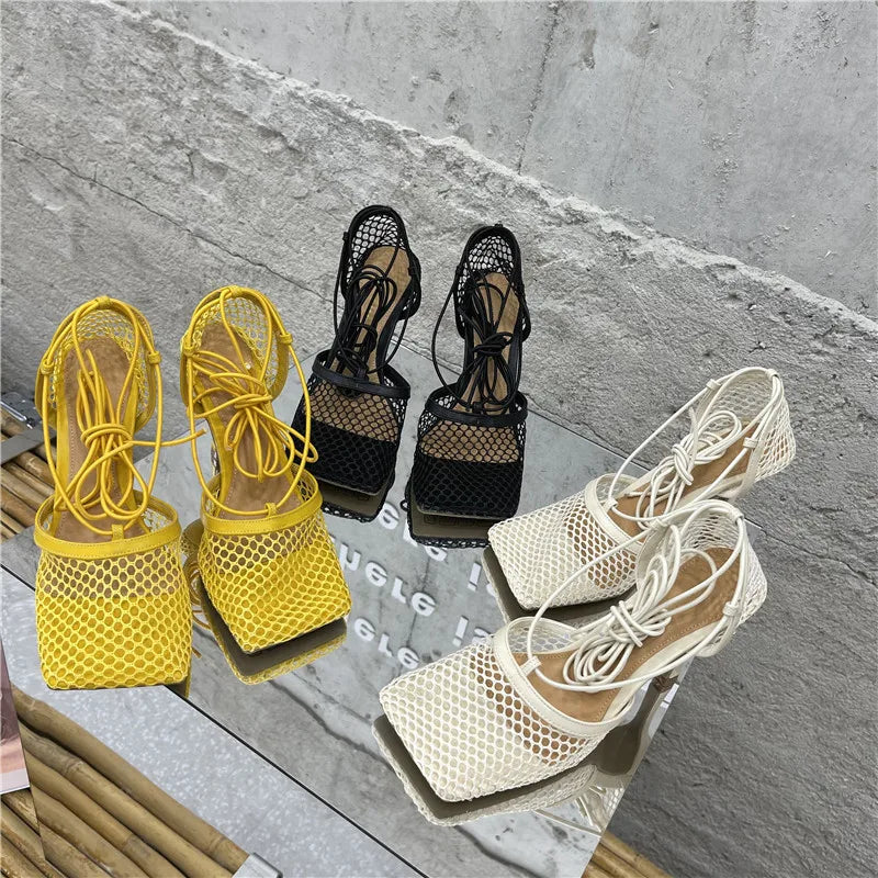 Sexy Mesh Pumps Sandals Female Square Toe High Heel Lace Up Cross-Tied Dress Shoes