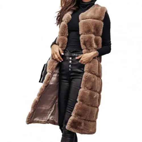 Faux Fur Sleeveless Coat Solid Round Neck Thick Outerwear Jacket