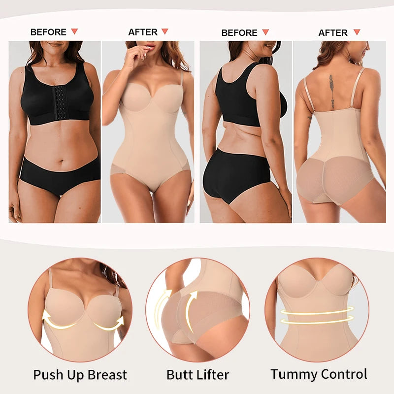 Postpartum Waist Trainer Shapewear for Women Tummy Control Dress Backless Bodysuit Tops Body Shaper with Built-in Bra
