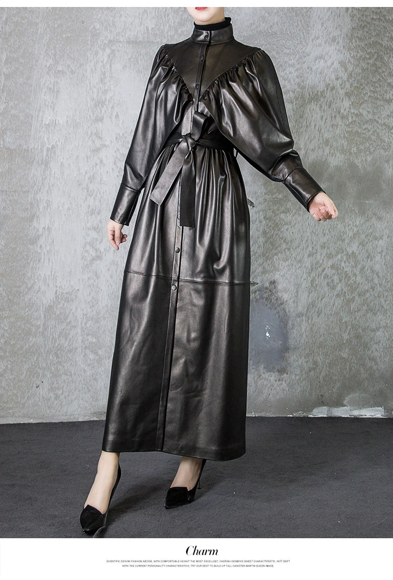 Green Black Maxi Soft Faux Leather Trench Coat for Women Luxury Retro Trench Coat