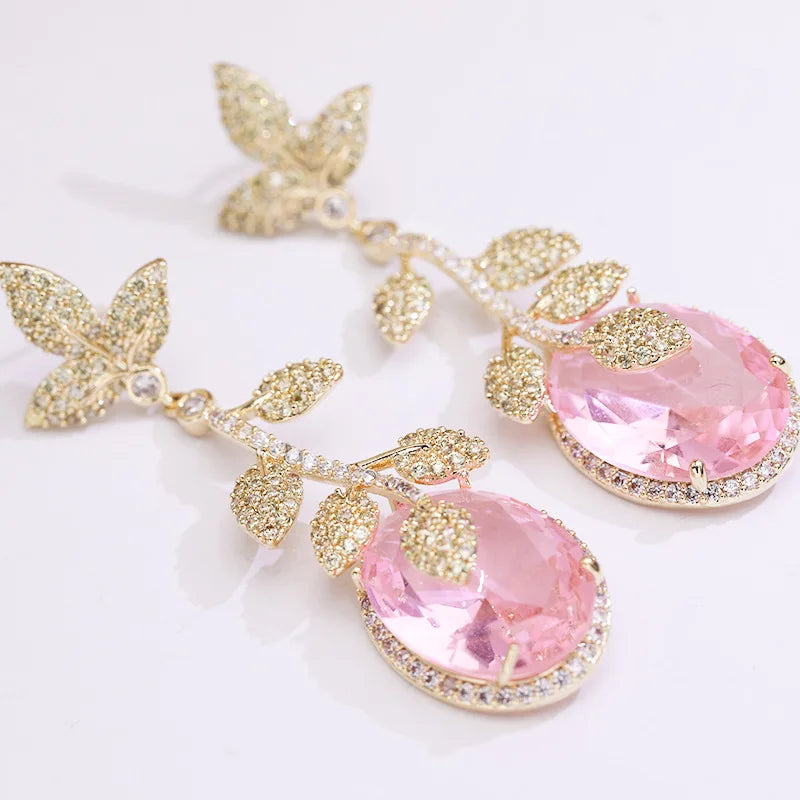 Green Leaf And Yellow Cubic Zirconia Vintage Luxury Drop Earring For Women