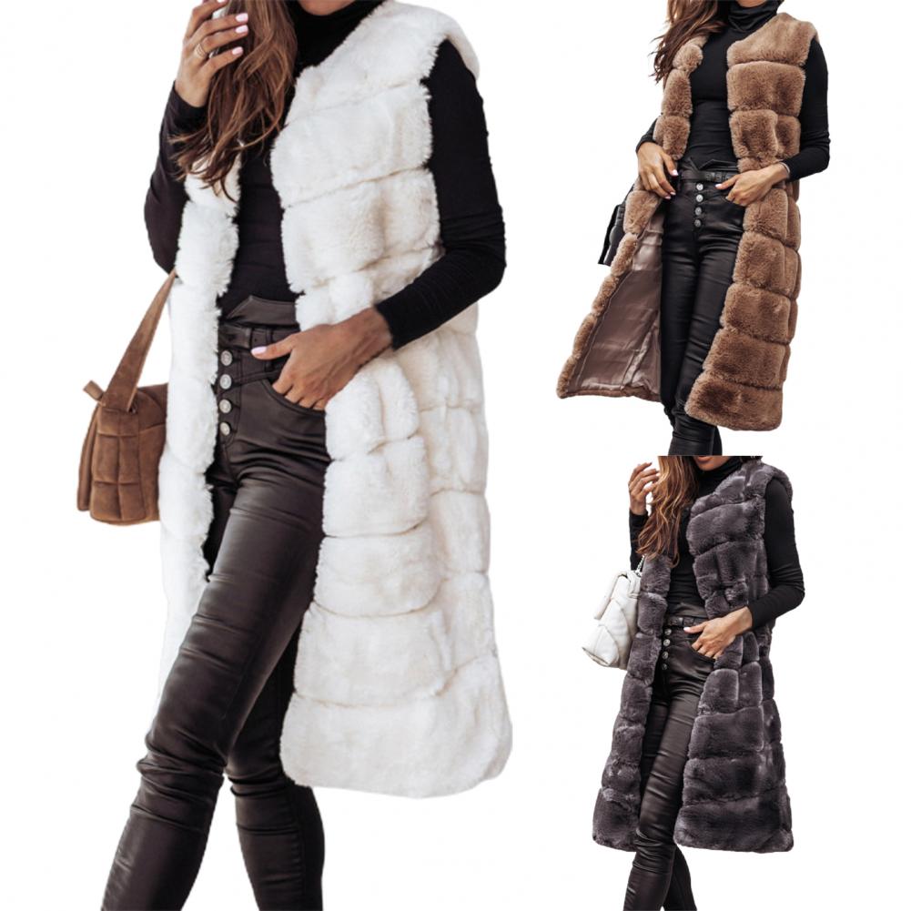 Faux Fur Sleeveless Coat Solid Round Neck Thick Outerwear Jacket