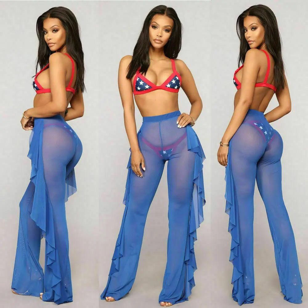 Women Beach Mesh Ruffle Sheer Wide Leg Pants Trousers Bikini Cover Up