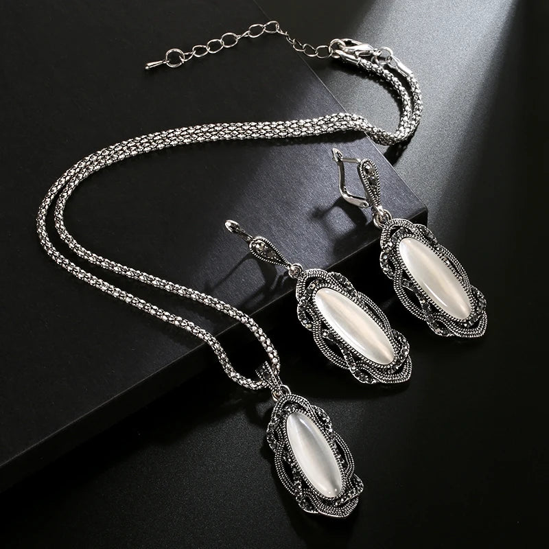 Hot Bohemian Big Opal Stone Earrings Necklace Jewelry Sets For Women