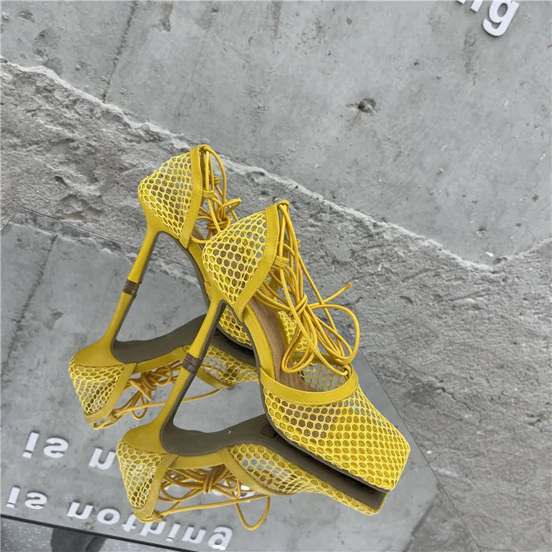 Sexy Mesh Pumps Sandals Female Square Toe High Heel Lace Up Cross-Tied Dress Shoes