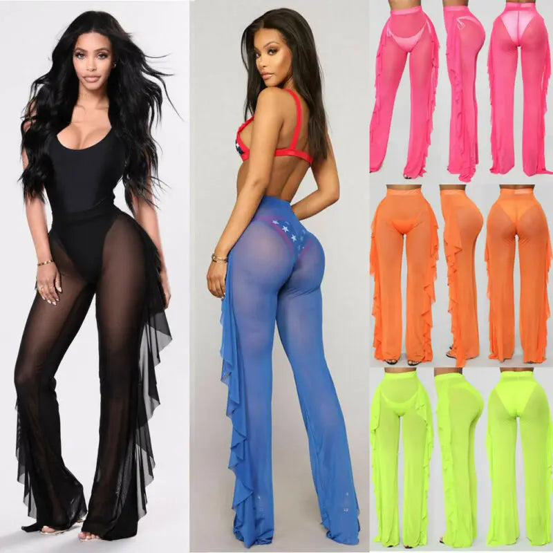 Women Beach Mesh Ruffle Sheer Wide Leg Pants Trousers Bikini Cover Up