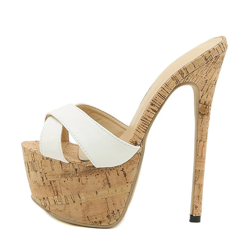 Super High Heels Slippers Sandals Women PU Leather Party Shoes Platform Heels Peep Toe Slip On Mules