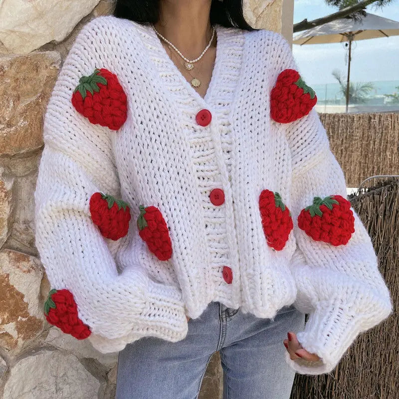Large Size Women Sweater Puff Sleeve Strawberry Sweet Full Cardigans Loose Girls Sweater