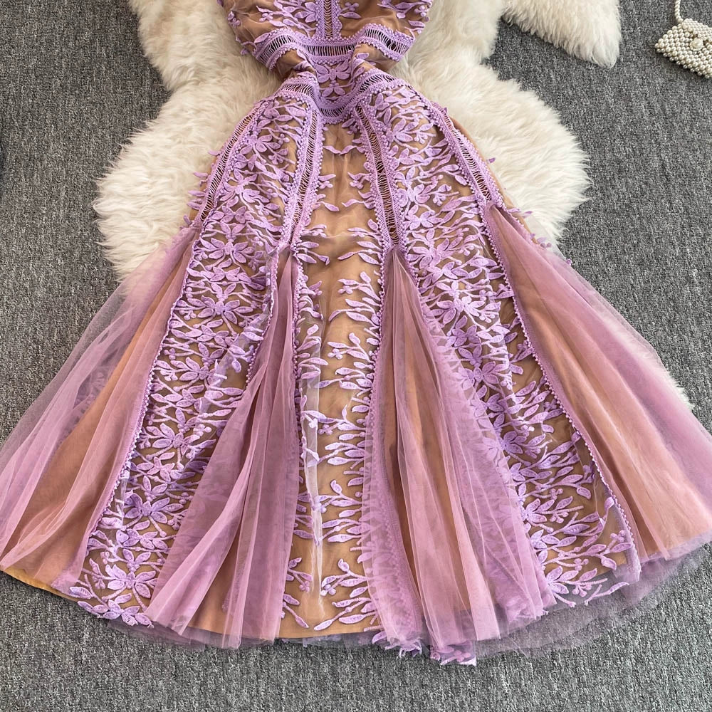Solid Mesh Embroidery Dress Women's Sleeveless Round Neck Hollow Out Tulles Vestido