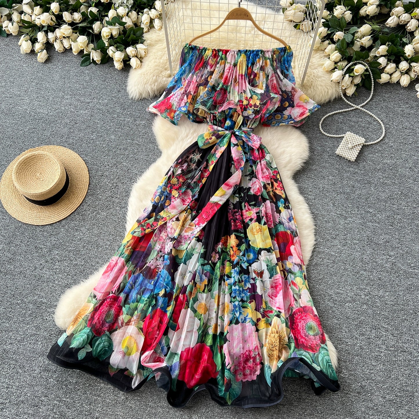 Off Shoulder Gorgeous Flower Holiday Dress Women's Wedding Guest Ruffles Batwing Sleeve Midi Dress