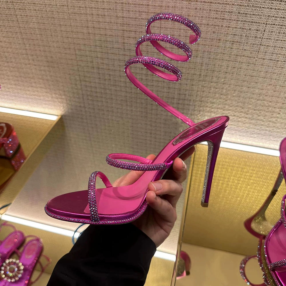 Women's One-Strap Snake Strap Winding round-Toe Sandals Rhinestone Rose Red Stiletto Heels