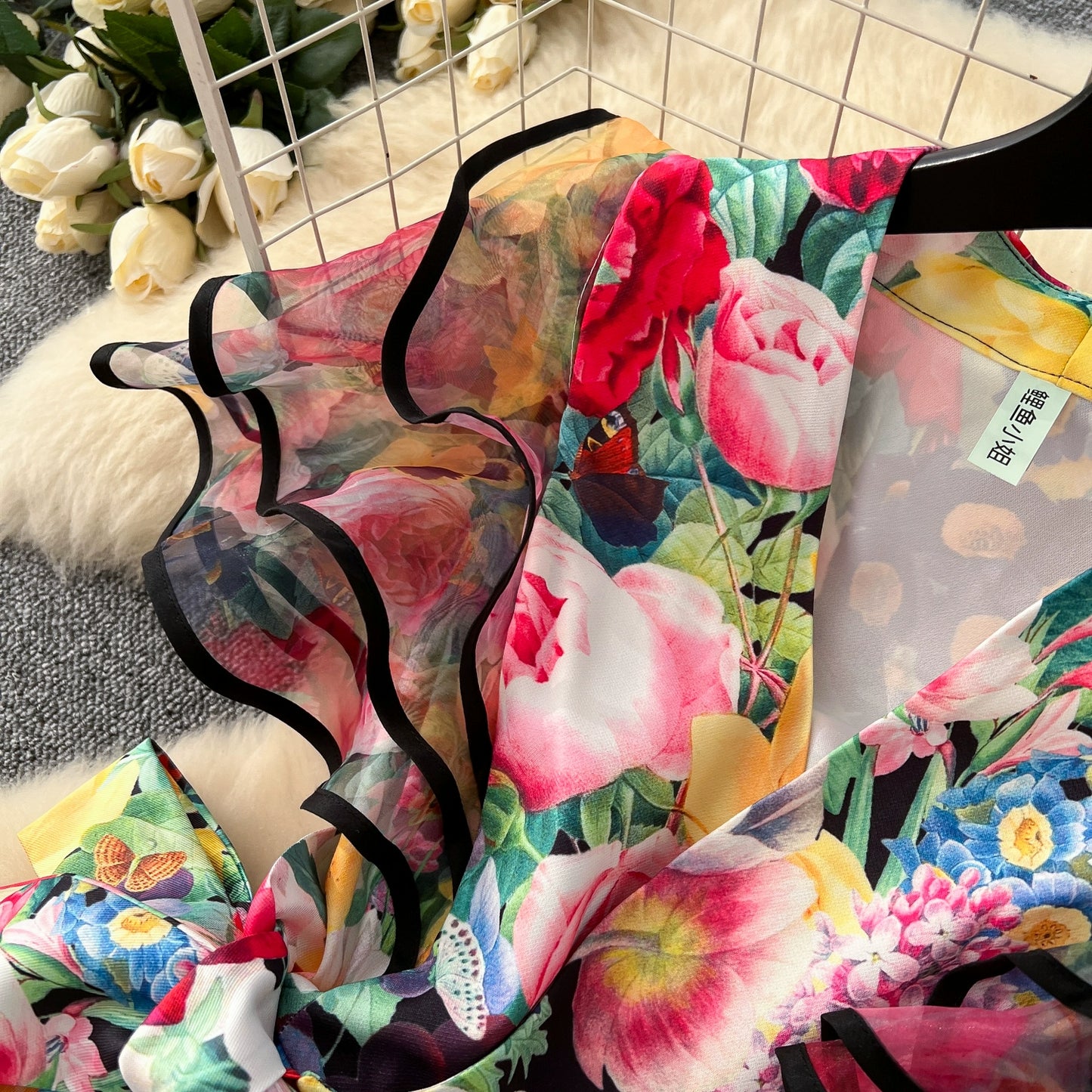 Summer Bohemian Gorgeous Flower Long Dress Women V-Neck Layer Mesh Sleeve Floral Midi Dress