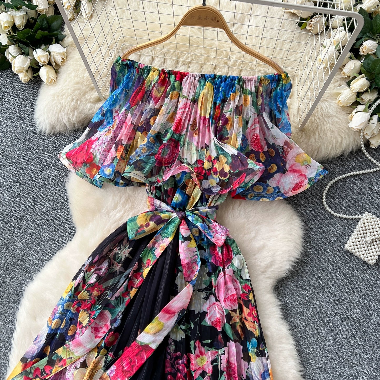 Off Shoulder Gorgeous Flower Holiday Dress Women's Wedding Guest Ruffles Batwing Sleeve Midi Dress