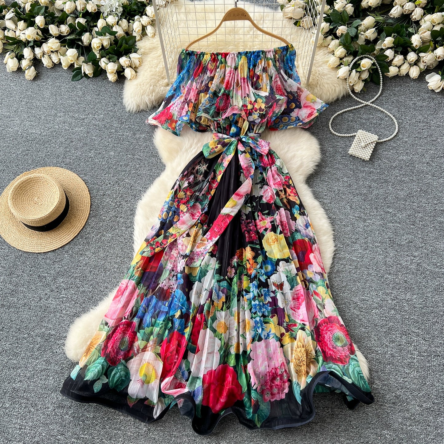Off Shoulder Gorgeous Flower Holiday Dress Women's Wedding Guest Ruffles Batwing Sleeve Midi Dress