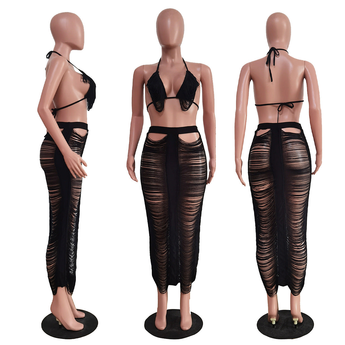 Beach Sexy Ripped Out Tassel See Through Maxi Long Skirt Set and Crop Top Two 2 Piece Set