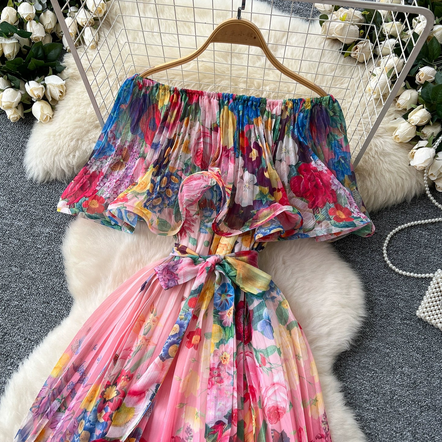 Off Shoulder Gorgeous Flower Holiday Dress Women's Wedding Guest Ruffles Batwing Sleeve Midi Dress