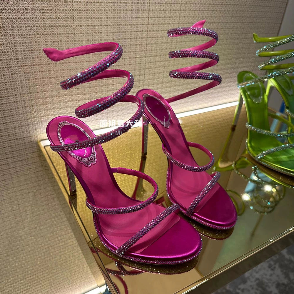 Women's One-Strap Snake Strap Winding round-Toe Sandals Rhinestone Rose Red Stiletto Heels