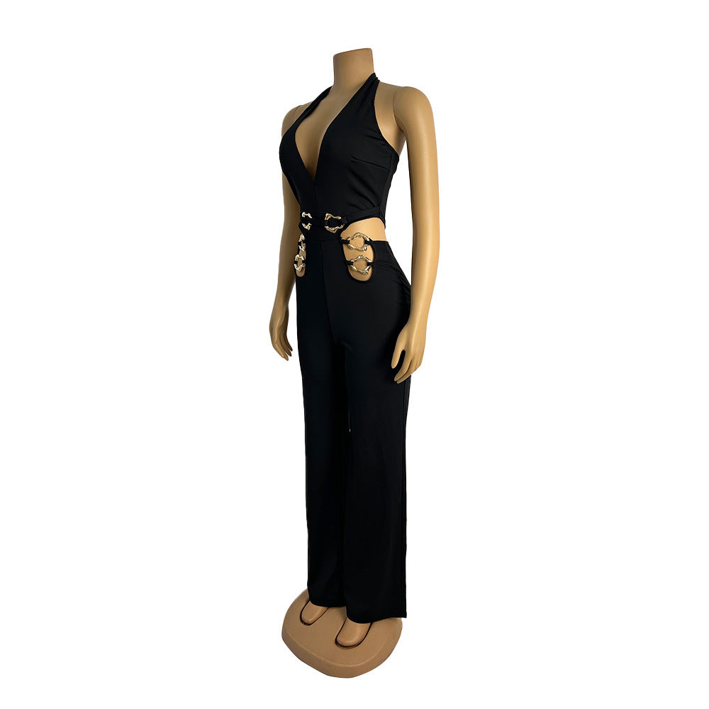 Women V-Neck Backless Straight Sleeveless Flare Jumpsuits One Piece Outfits
