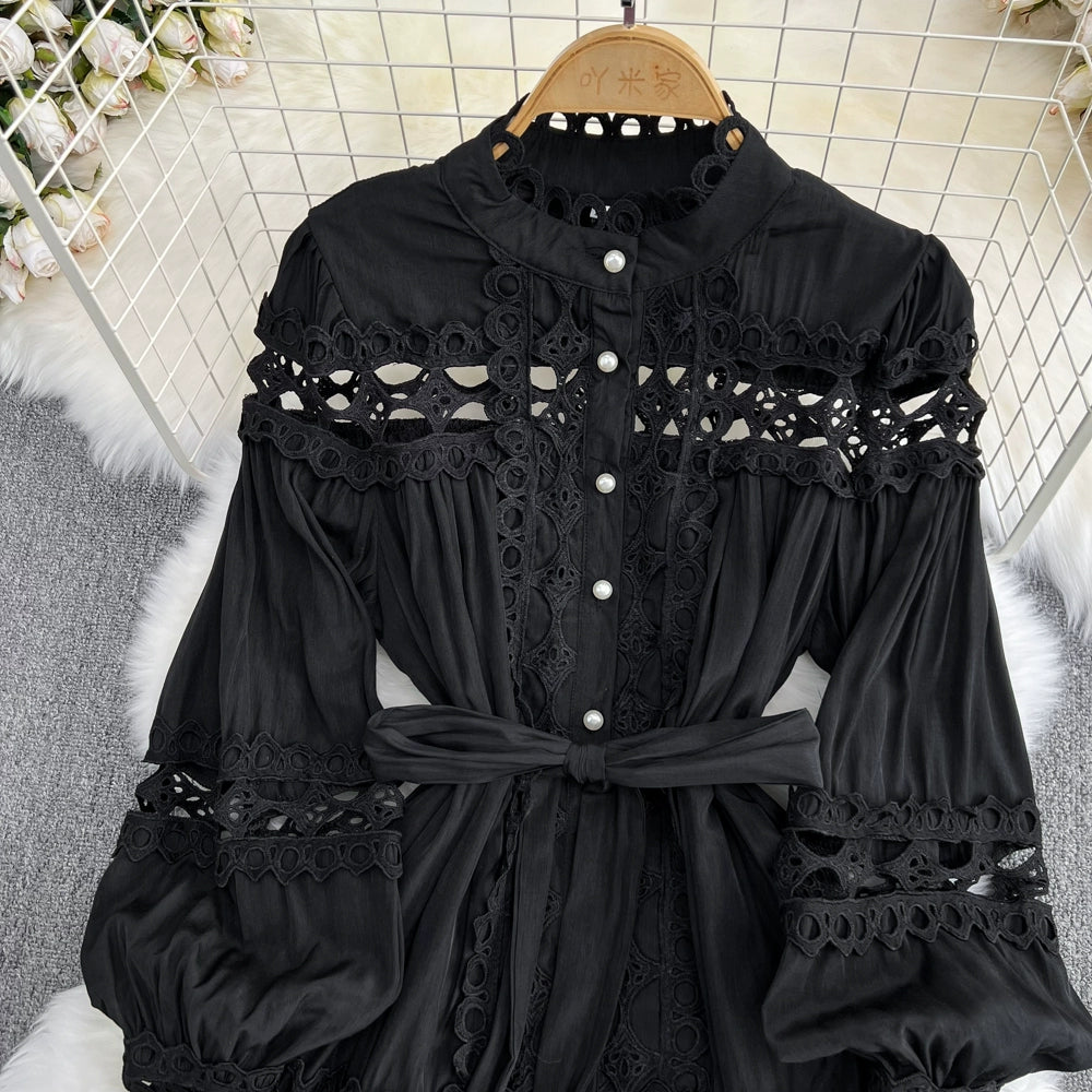Retro Lantern Long Sleeve Single Breasted Elegance Dress