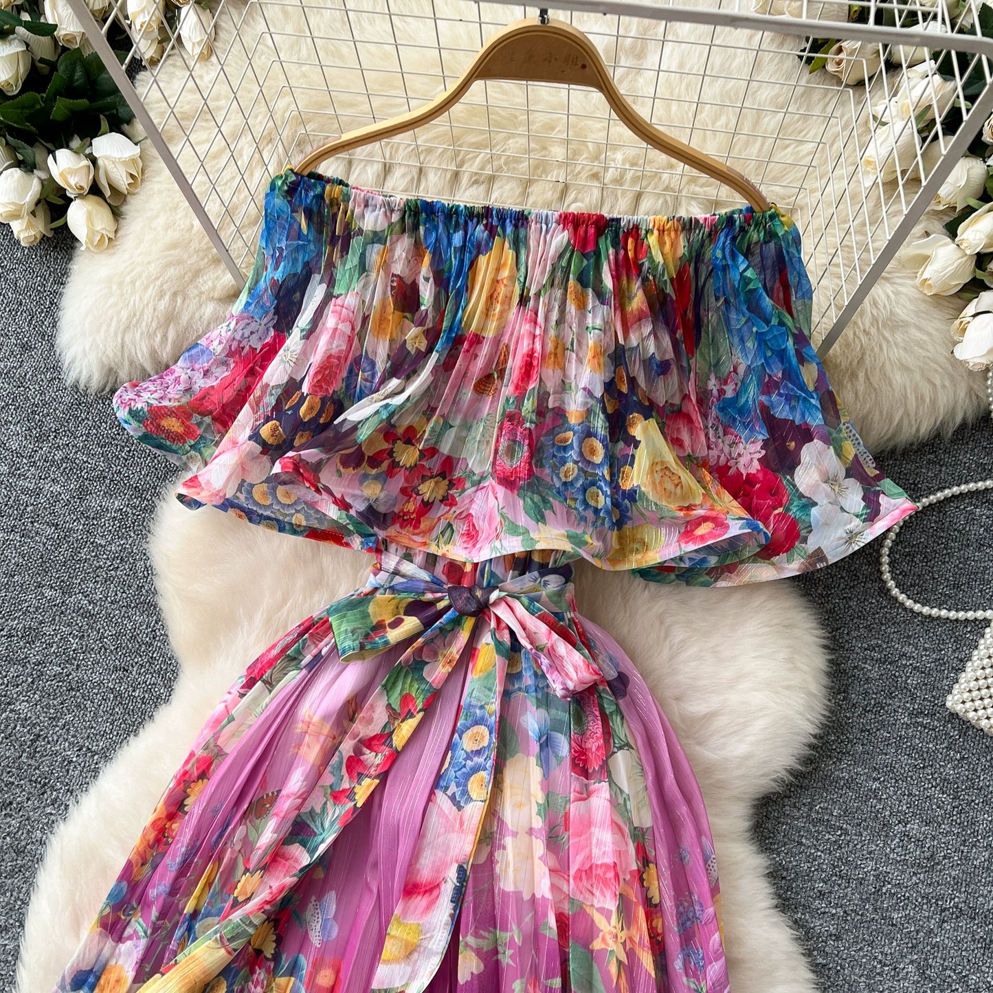 Off Shoulder Gorgeous Flower Holiday Dress Women's Wedding Guest Ruffles Batwing Sleeve Midi Dress