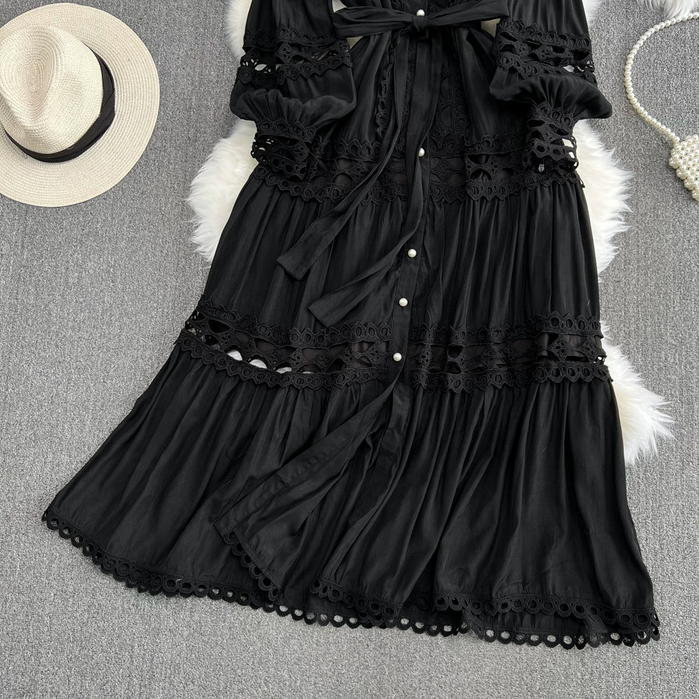 Retro Lantern Long Sleeve Single Breasted Elegance Dress