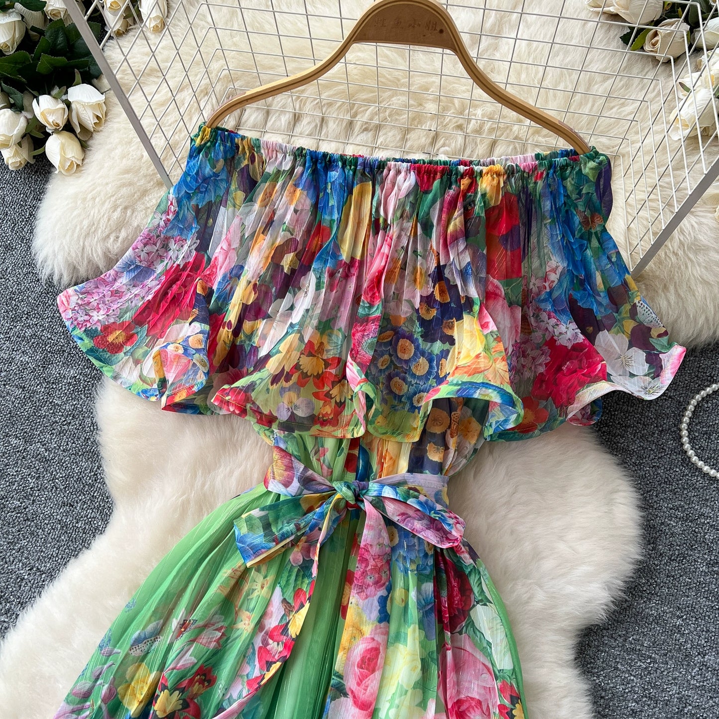 Off Shoulder Gorgeous Flower Holiday Dress Women's Wedding Guest Ruffles Batwing Sleeve Midi Dress