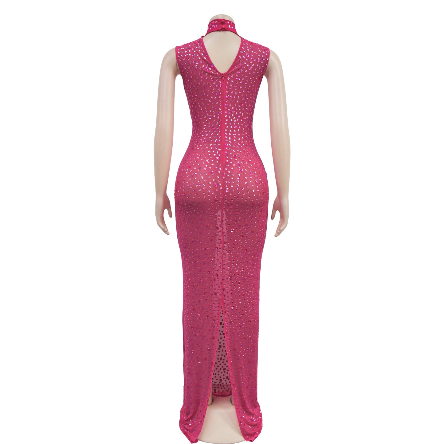 Cocktail Dress Diamonds Hot Rhinestones O-neck Women Sleeveless Bodycon Maxi Dress