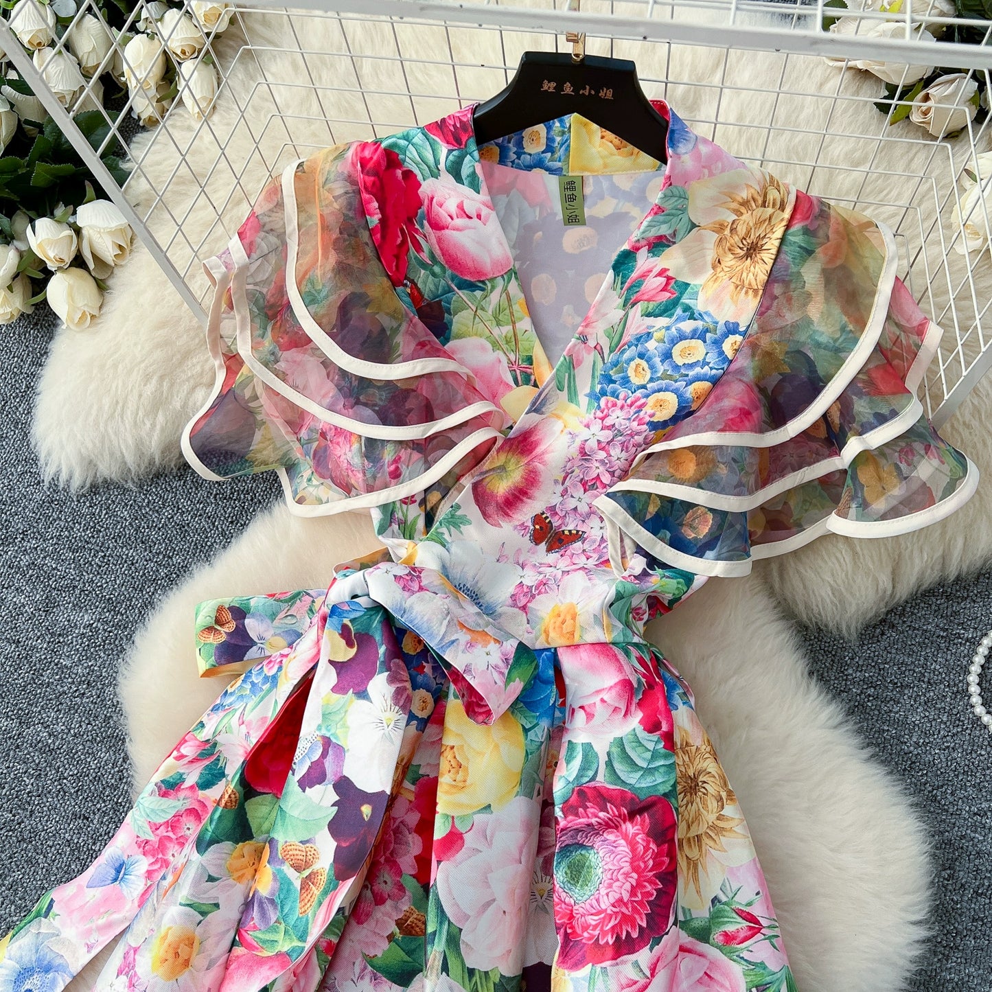 Summer Bohemian Gorgeous Flower Long Dress Women V-Neck Layer Mesh Sleeve Floral Midi Dress