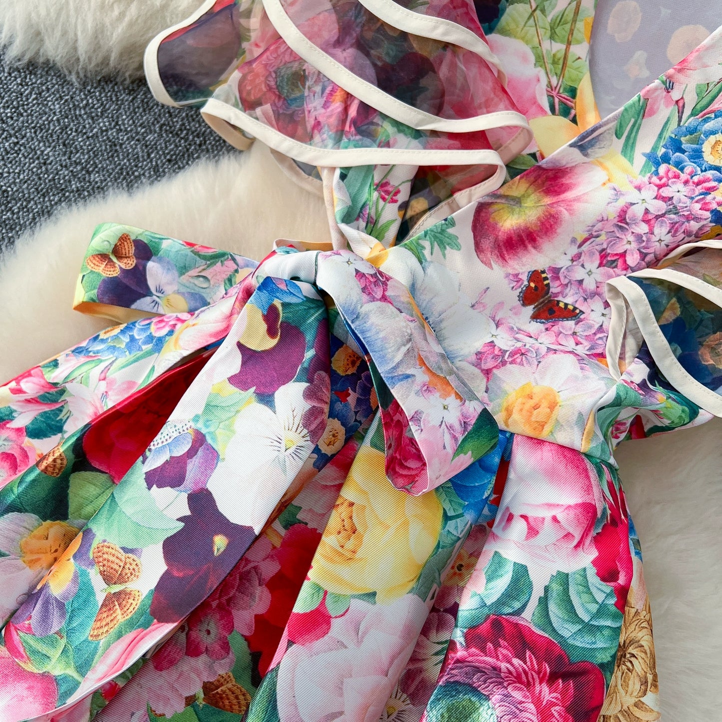 Summer Bohemian Gorgeous Flower Long Dress Women V-Neck Layer Mesh Sleeve Floral Midi Dress