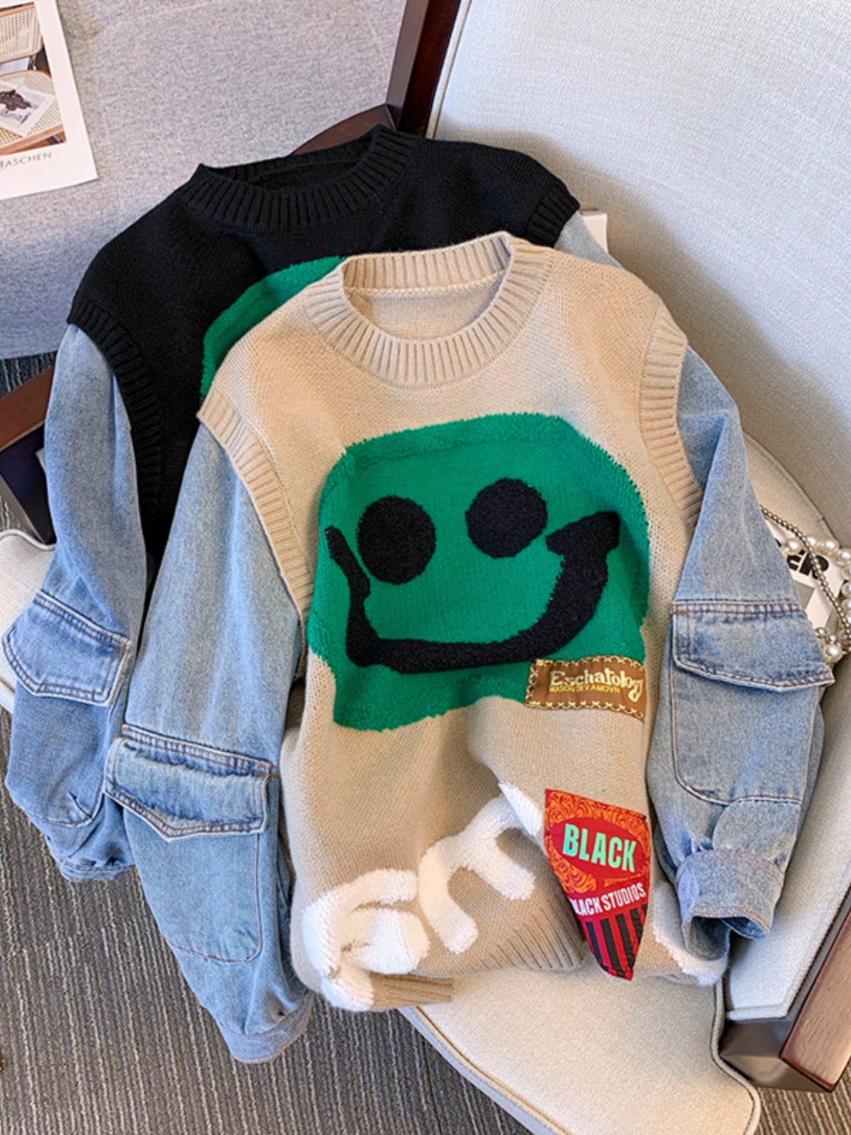 Smiley Face Smiling Face Loose Denim Sleeves Sweater for Women