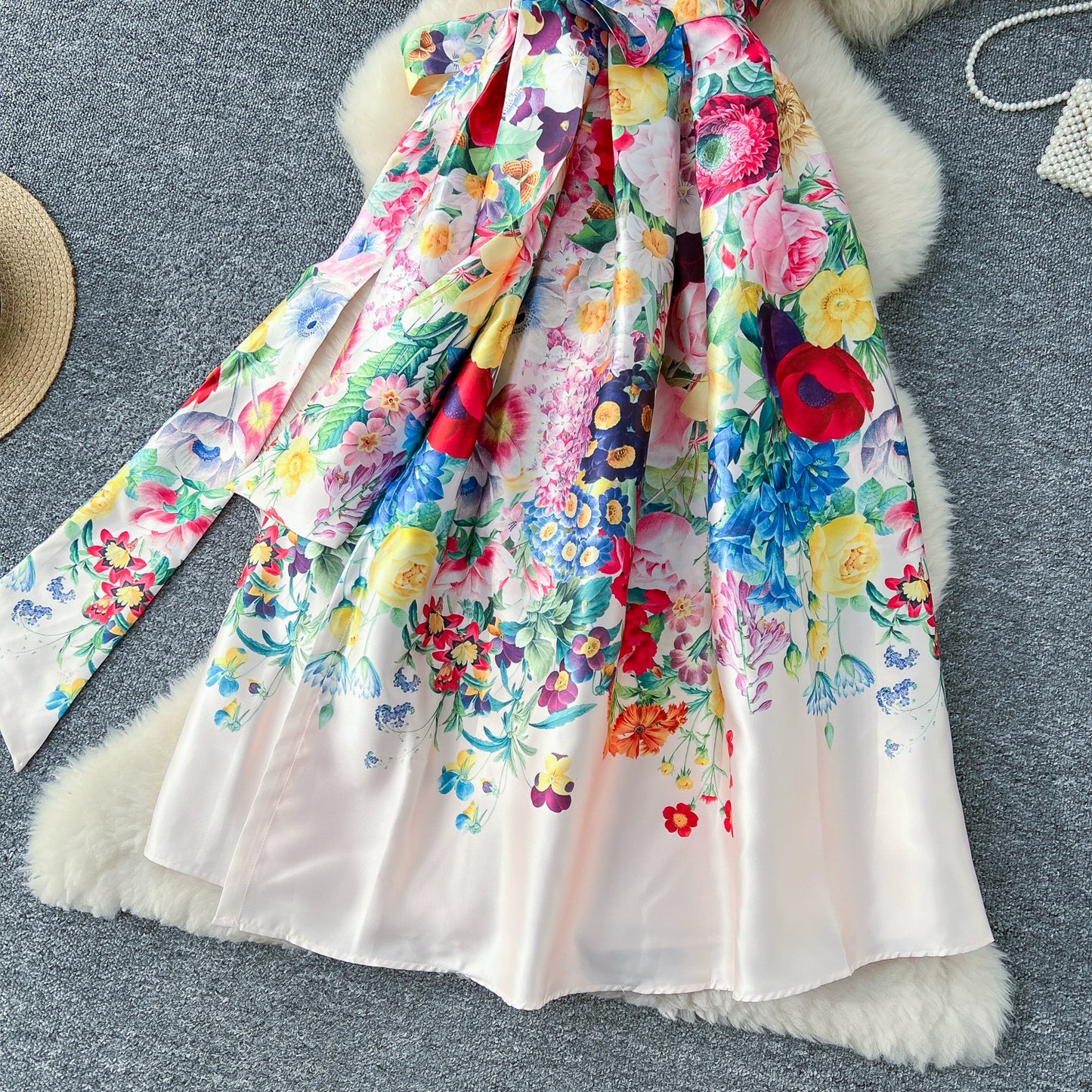 Summer Bohemian Gorgeous Flower Long Dress Women V-Neck Layer Mesh Sleeve Floral Midi Dress