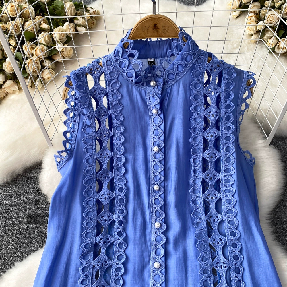 Summer 2024 French Style Vintage Court Style Elegant Stand-up Collar Cinched Slim Looking Sleeveless A- line Cut Out Embroider Dress