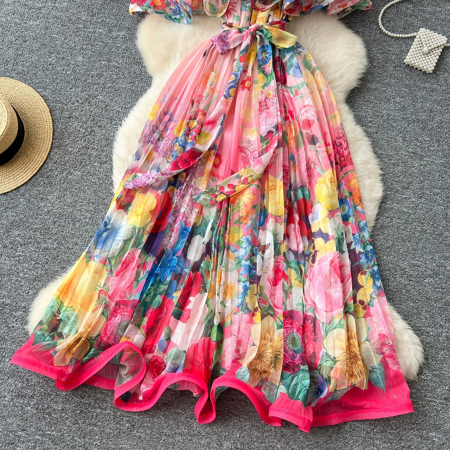 Off Shoulder Gorgeous Flower Holiday Dress Women's Wedding Guest Ruffles Batwing Sleeve Midi Dress