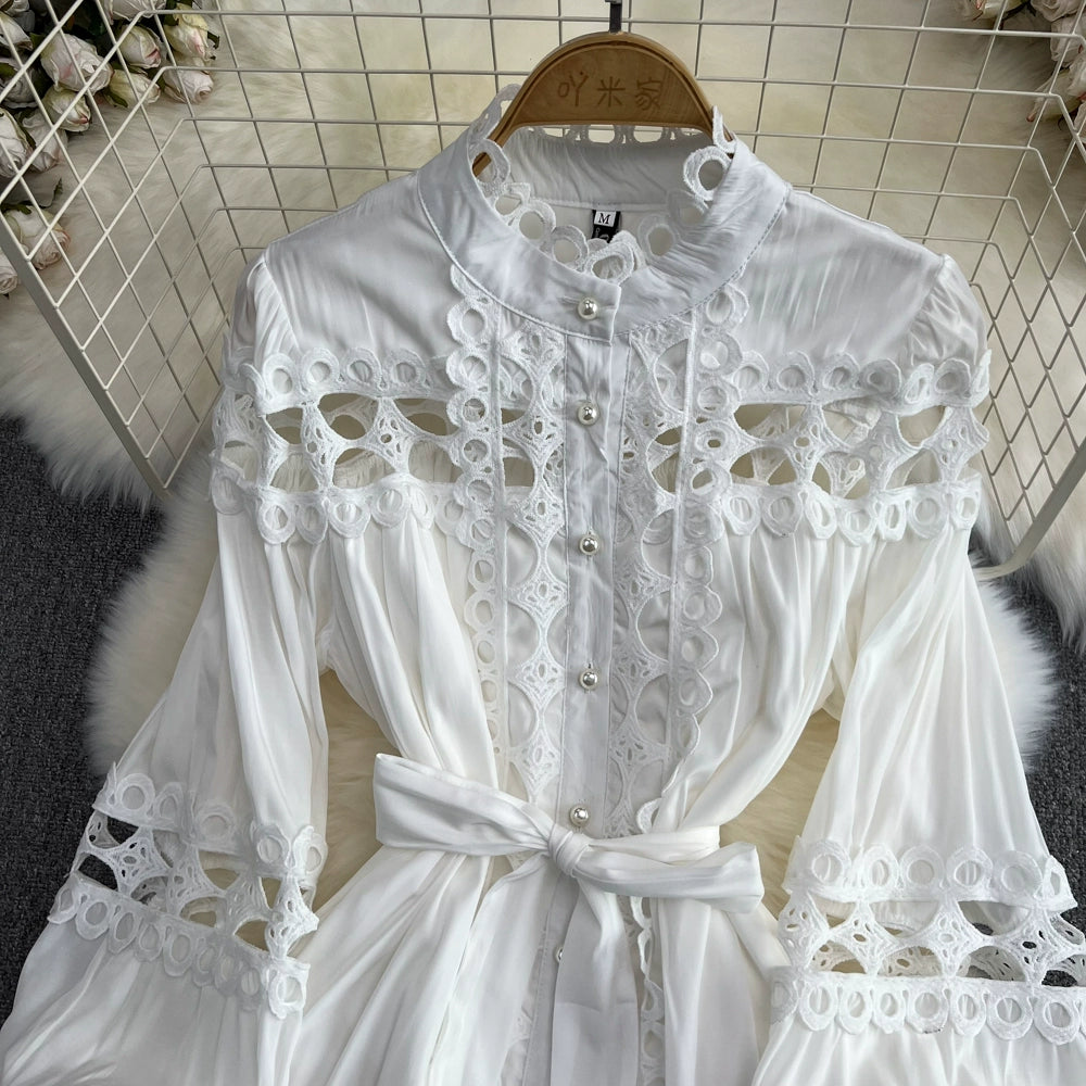 Retro Lantern Long Sleeve Single Breasted Elegance Dress
