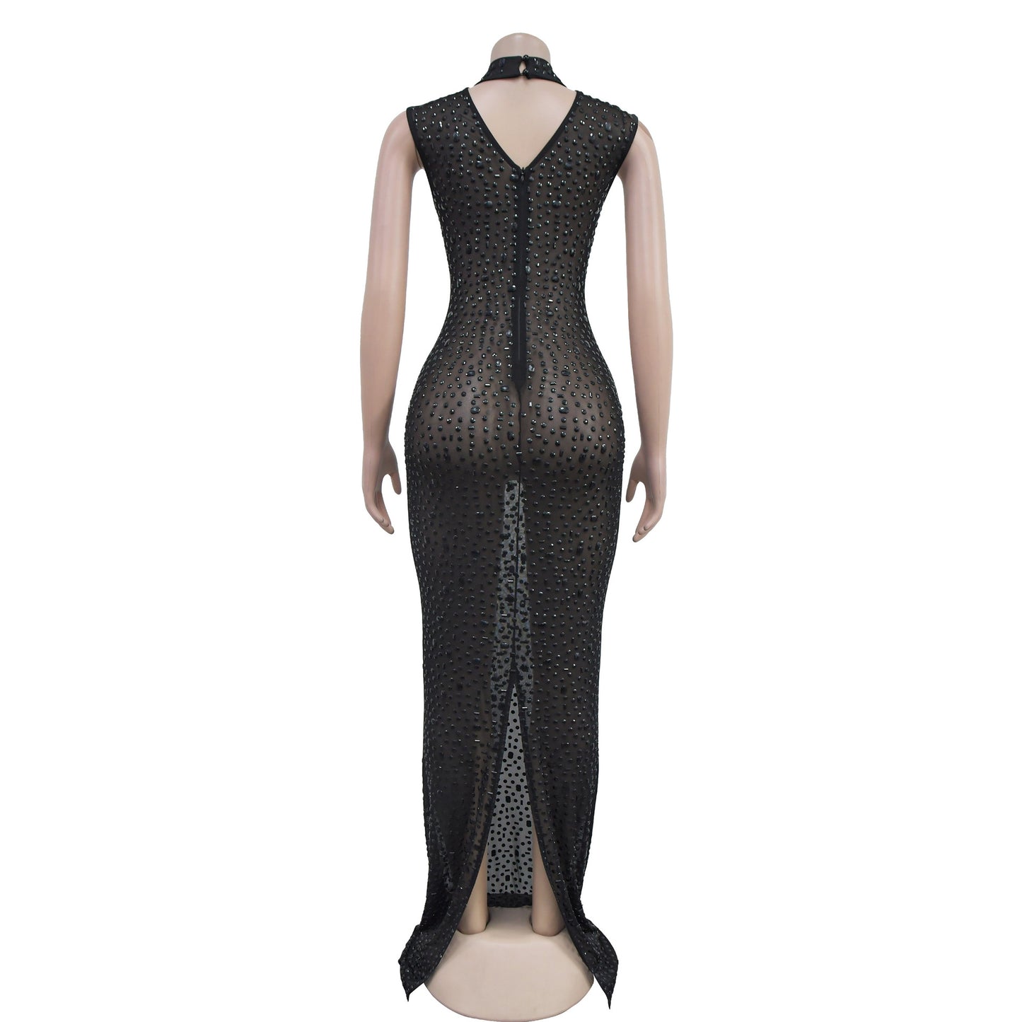 Cocktail Dress Diamonds Hot Rhinestones O-neck Women Sleeveless Bodycon Maxi Dress