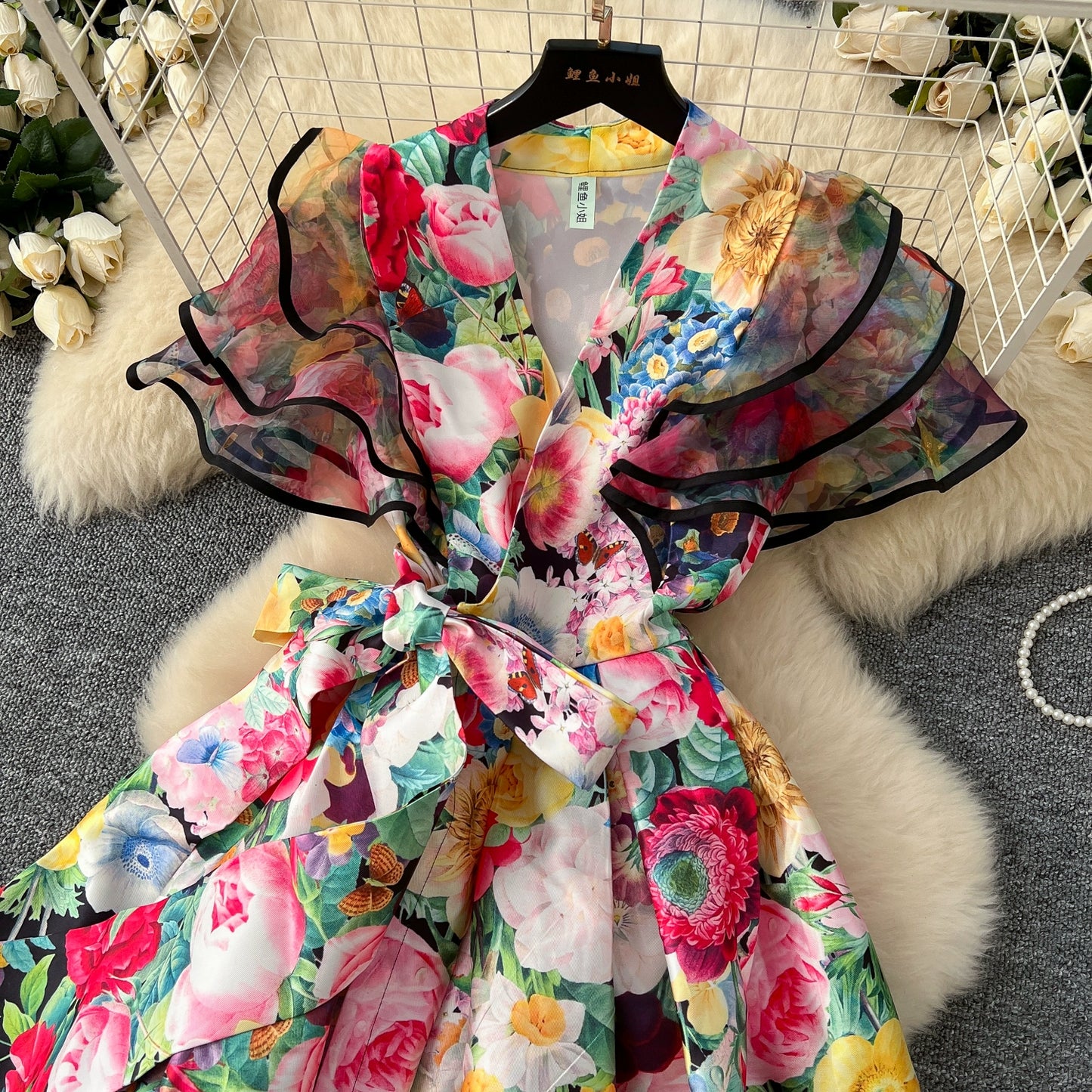 Summer Bohemian Gorgeous Flower Long Dress Women V-Neck Layer Mesh Sleeve Floral Midi Dress