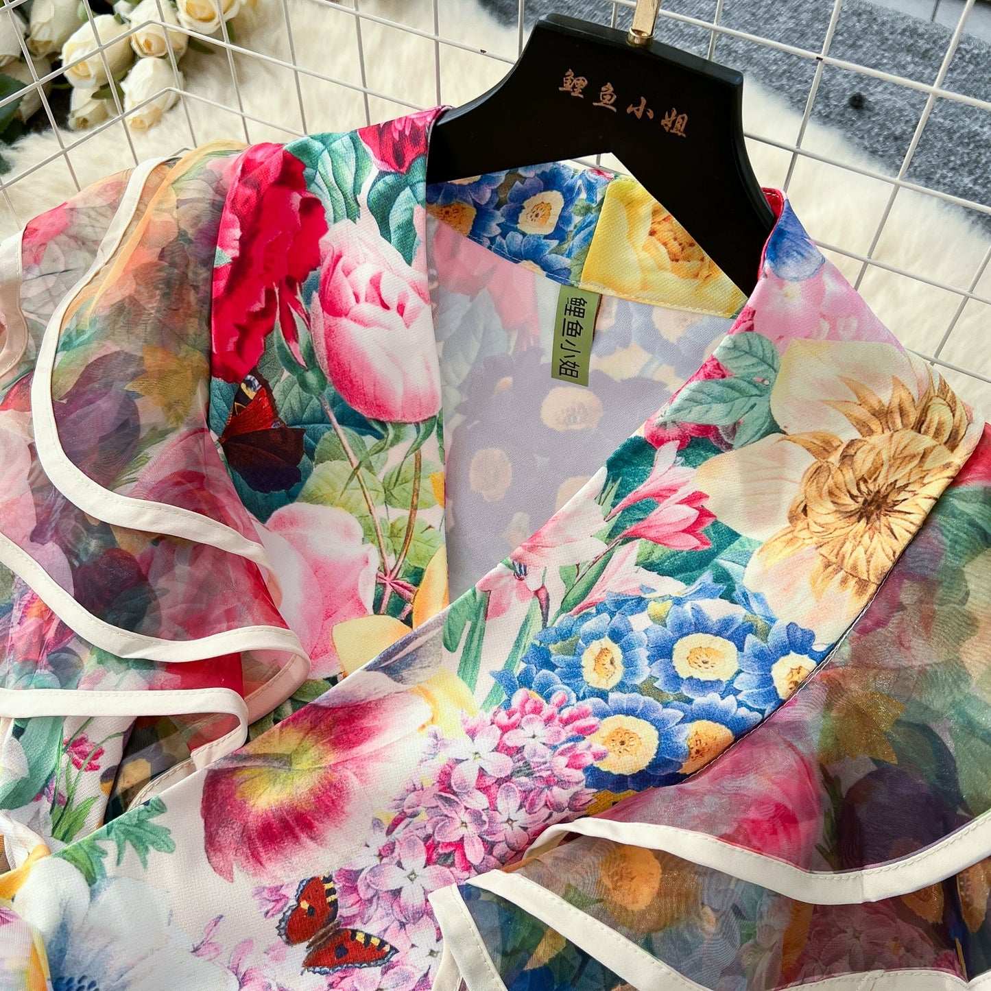 Summer Bohemian Gorgeous Flower Long Dress Women V-Neck Layer Mesh Sleeve Floral Midi Dress