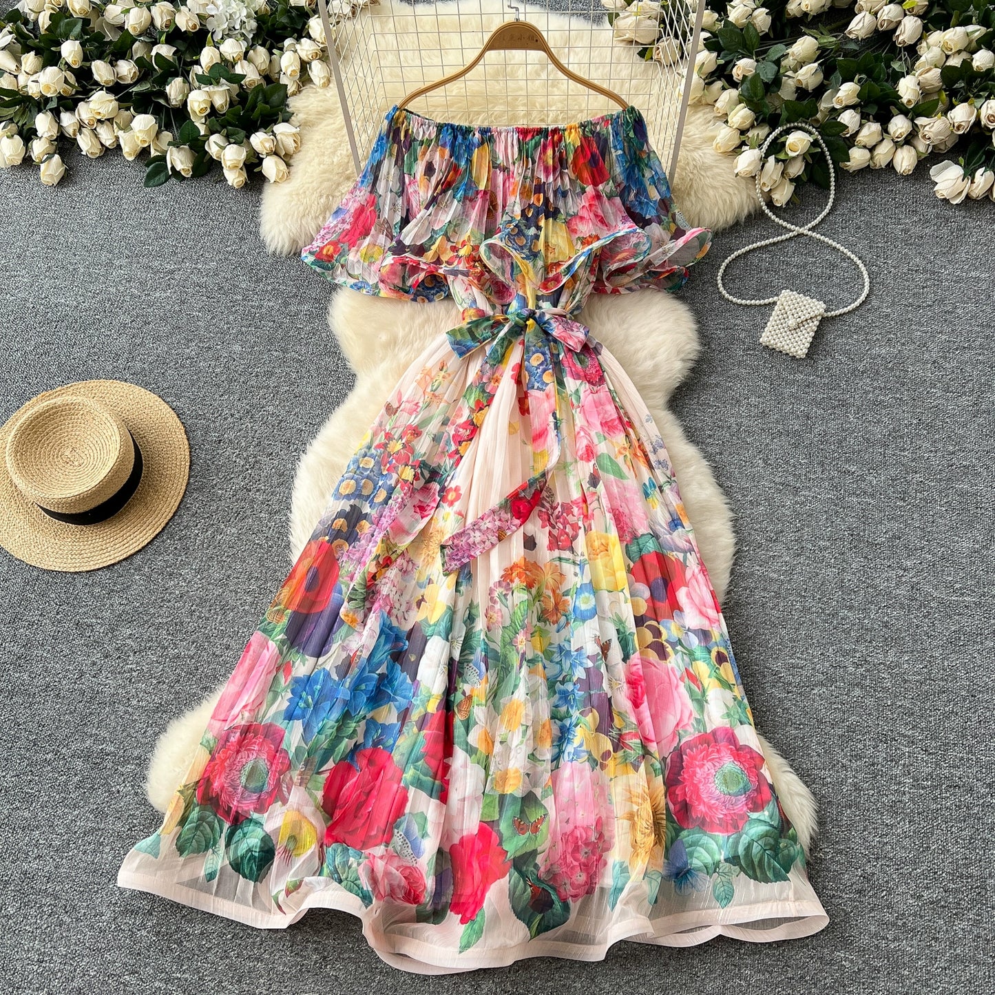 Off Shoulder Gorgeous Flower Holiday Dress Women's Wedding Guest Ruffles Batwing Sleeve Midi Dress