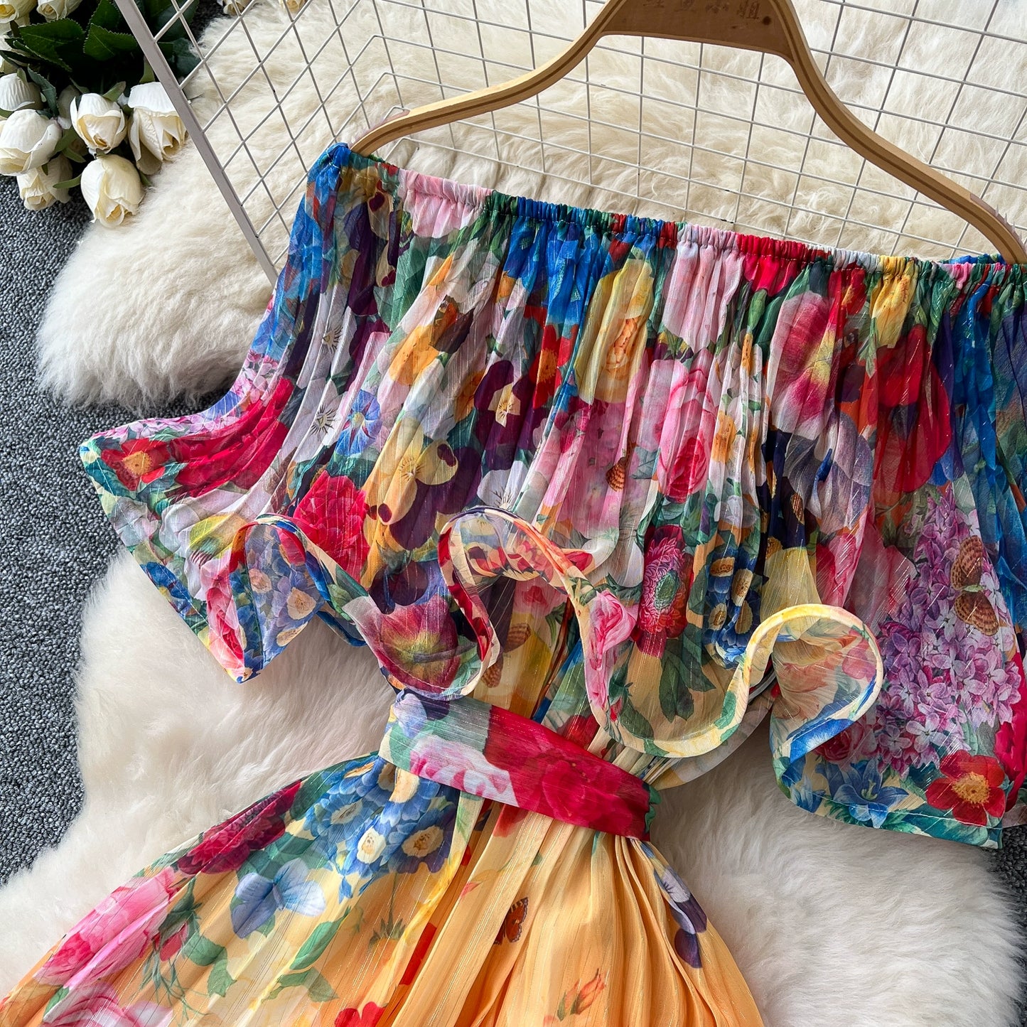 Off Shoulder Gorgeous Flower Holiday Dress Women's Wedding Guest Ruffles Batwing Sleeve Midi Dress