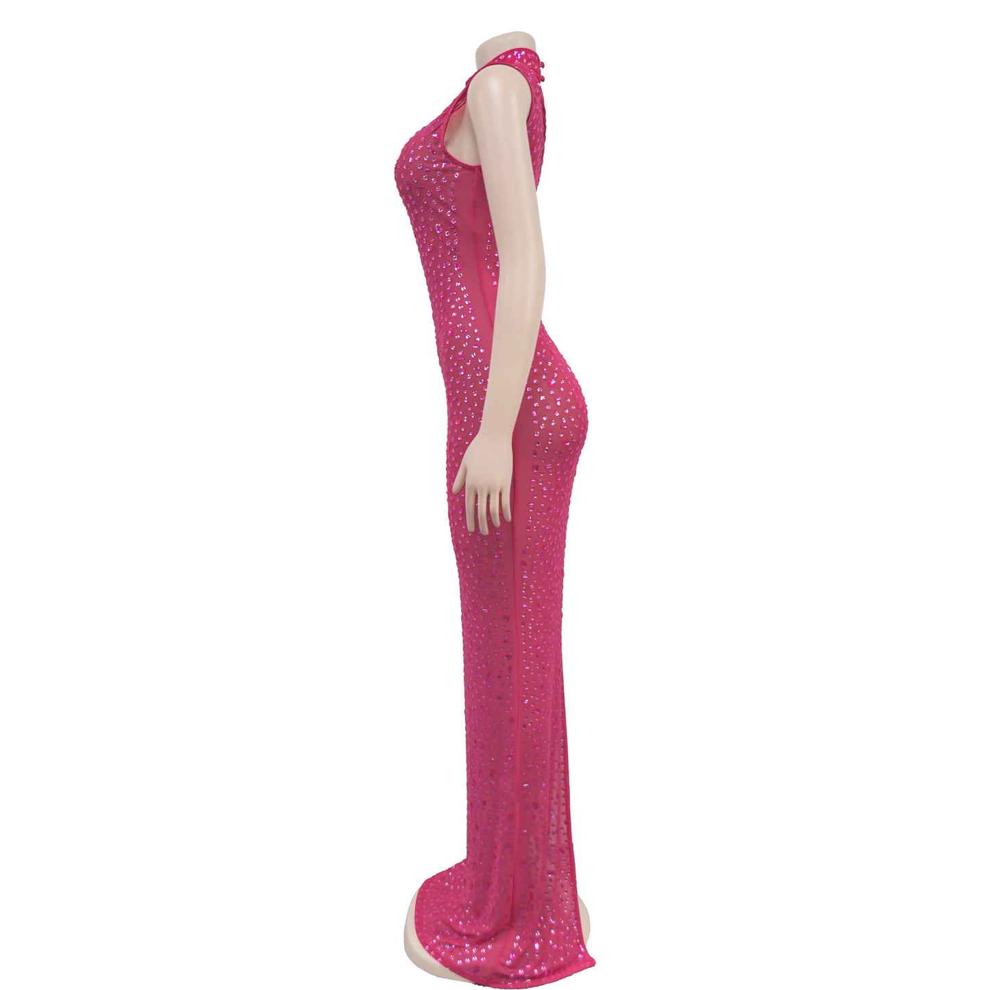 Cocktail Dress Diamonds Hot Rhinestones O-neck Women Sleeveless Bodycon Maxi Dress
