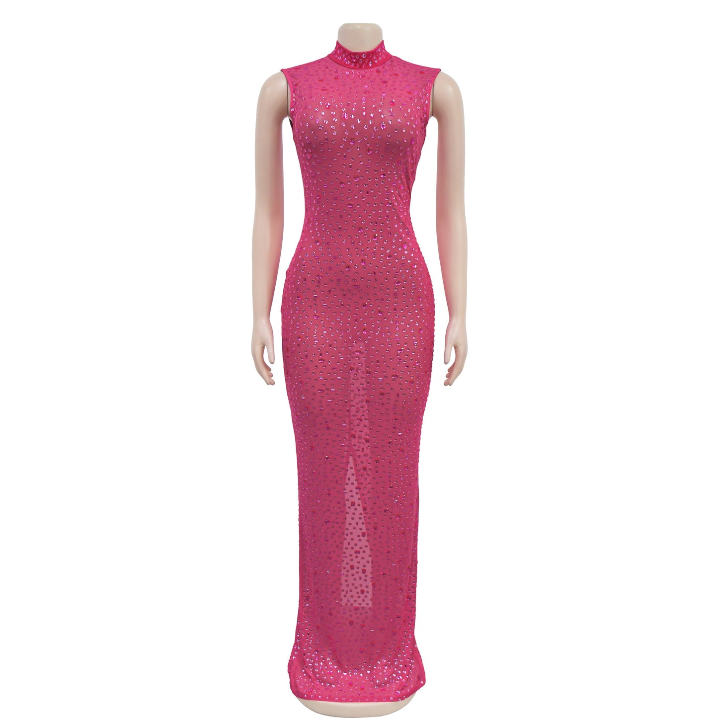 Cocktail Dress Diamonds Hot Rhinestones O-neck Women Sleeveless Bodycon Maxi Dress