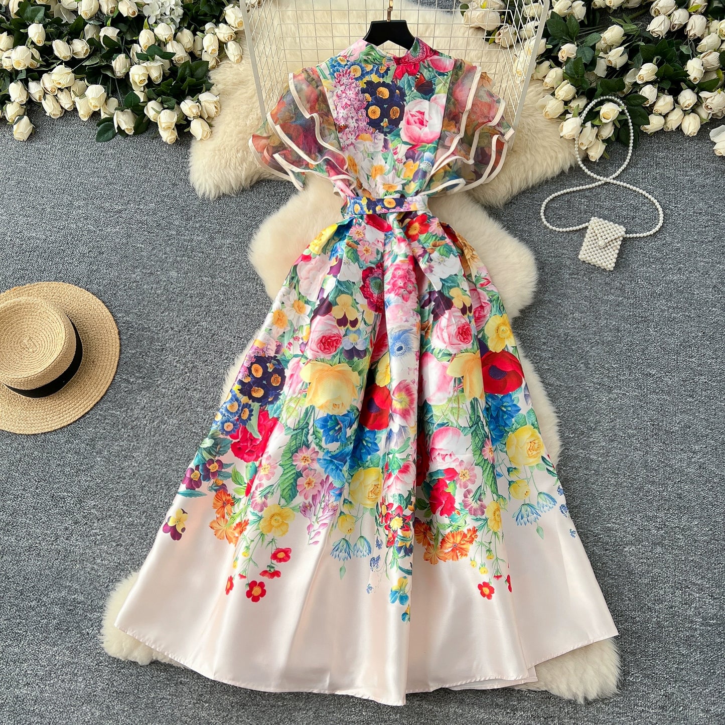 Summer Bohemian Gorgeous Flower Long Dress Women V-Neck Layer Mesh Sleeve Floral Midi Dress